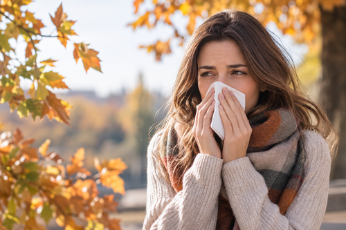 Mujer con síntomas de alergias de otoño y congestión nasal