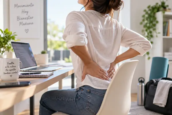 Mujer con dolor de espalda al trabajar sentada frente al ordenador